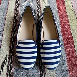 J.Crew loafers, navy and white striped canvas, leather lining, size 9